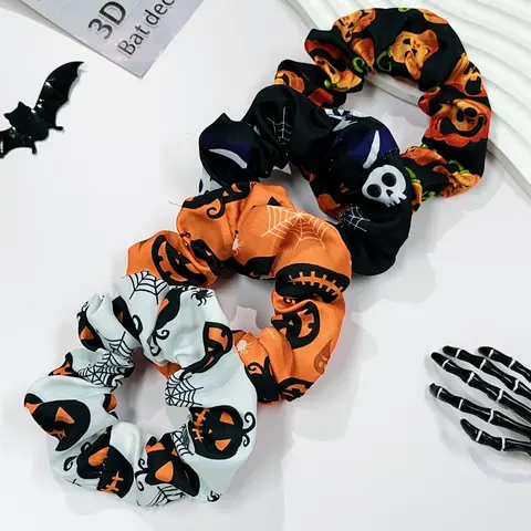 4-Pack Halloween Pumpkin and Skull Print Scrunchies, Women's Elastic Hair Bands, Festival Party Accessories for All Seasons, Decorative Hair Accessories