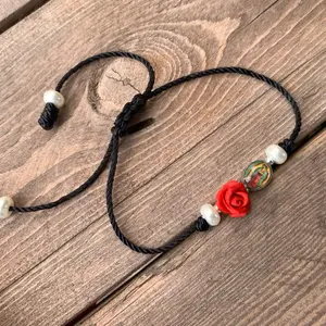 Virgencita Beautiful and Minimalist Black String Bracelet with Charm, Featuring Red Flower and Beads