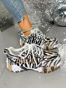 Zebra Print Full Sparkle Thick Sole Casual Shoes, Trendy Non-Slip Leisure Sports Sneakers, Unique Style Comfortable Footwear, Women Trainer Walking Shoes