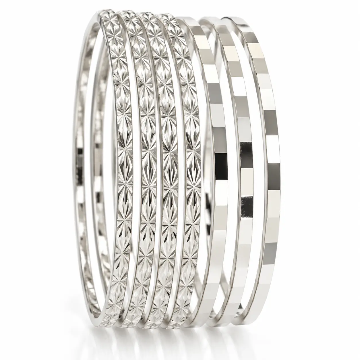 Semanario Female 7-Piece 925 Sterling Silver Bangle Set - Star Cut, Diamond-Cut Designs, 7 in Silver Plated for Daily Wear