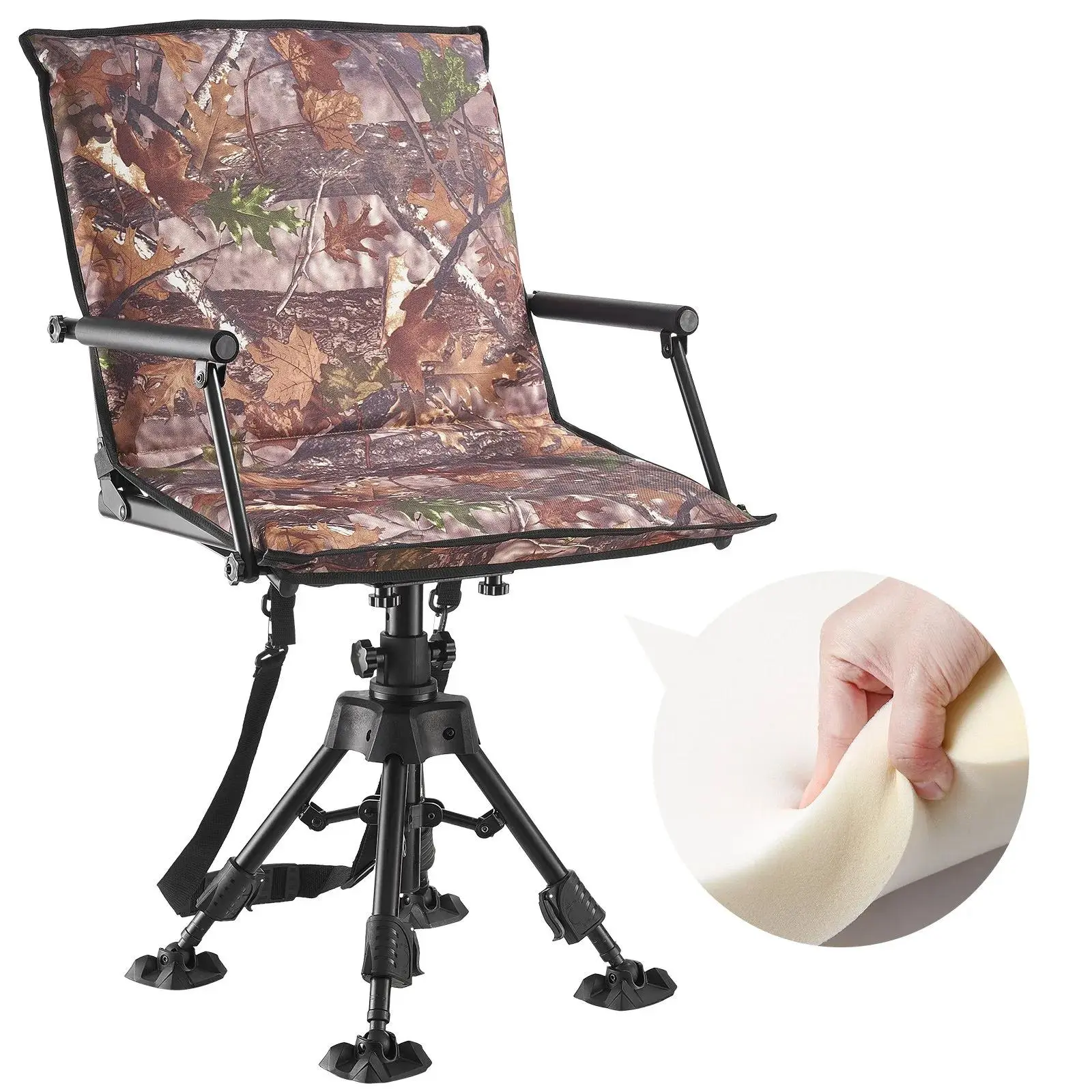 【Summerfinds】VEVOR Hunting Chair,  360° Silent Swivel, Foldable Portable Blind Chair, Heavy-Duty Steel Frame Ground Stool Seat, with Armrests, Cover, Anti-Sink Feet, Height Adjustable, 350 Lbs Capacity for Camping