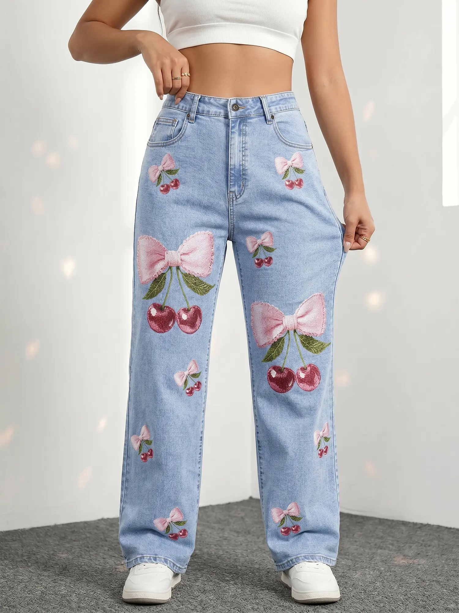 Jr Jeanius Wear Women's High Waist High Stretch Vintage Blue Denim Bottoms, Distressed Skinny Straight Wide Leg Jeans, Button Y2K Fly Baggy , Cherry Bow Catch Print, Slim Fit Seam Detail, Push Up Comfortable Cotton, Light Wash, Streetwear Casual Outfits