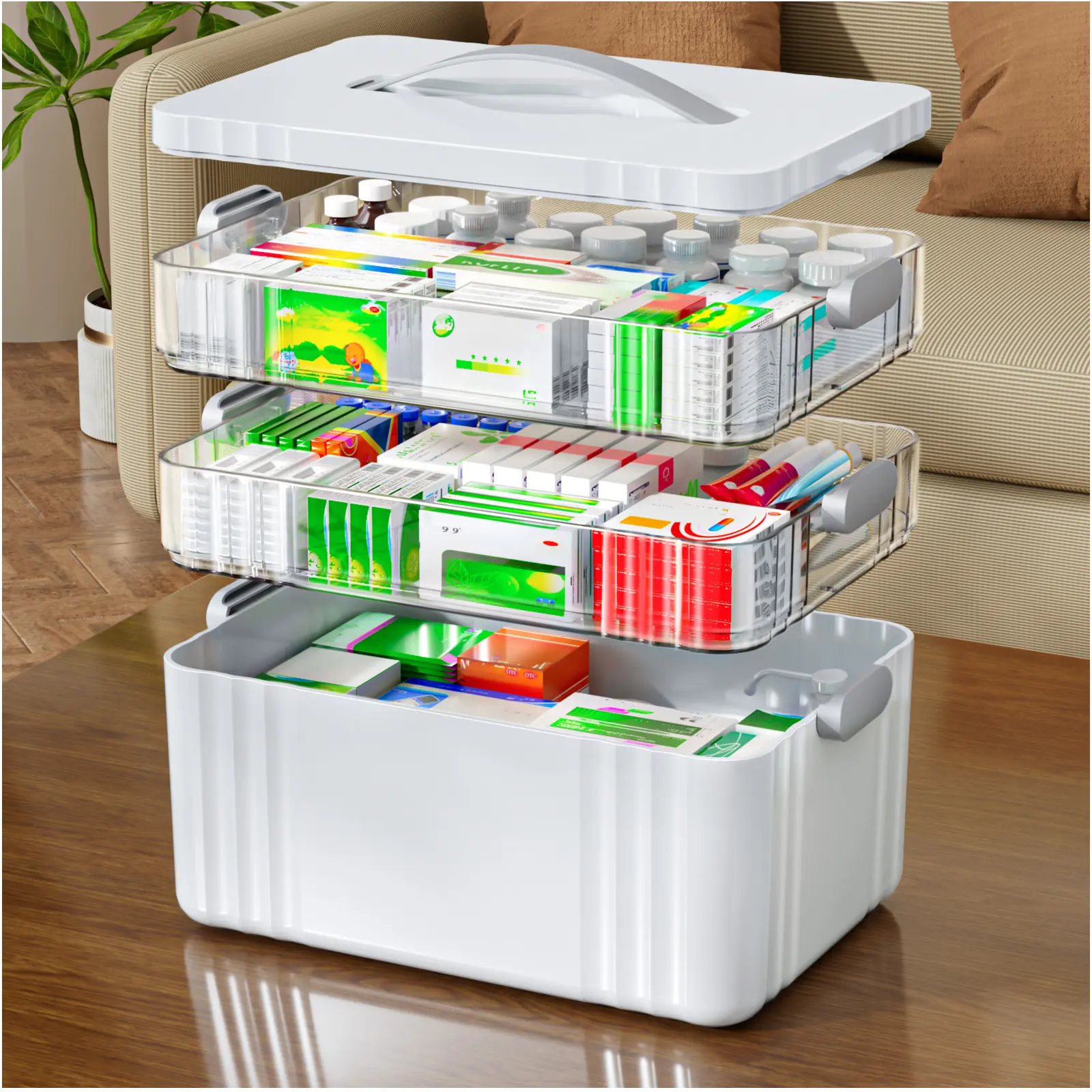 3-Tier Large Medicine Organizer Box for Home & Travel, Removable Tray Pill Box with Lock & Carry Handle, First Aid Organizer