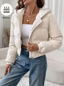 Women’s Warm Corduroy Puffer Jacket – Soft Cozy Zip Up Short Coat with Hood, Winter Thick Quilted Outerwear, Fashion Casual Crop Jacket for Cold Weather, Stylish Streetwear Outfit