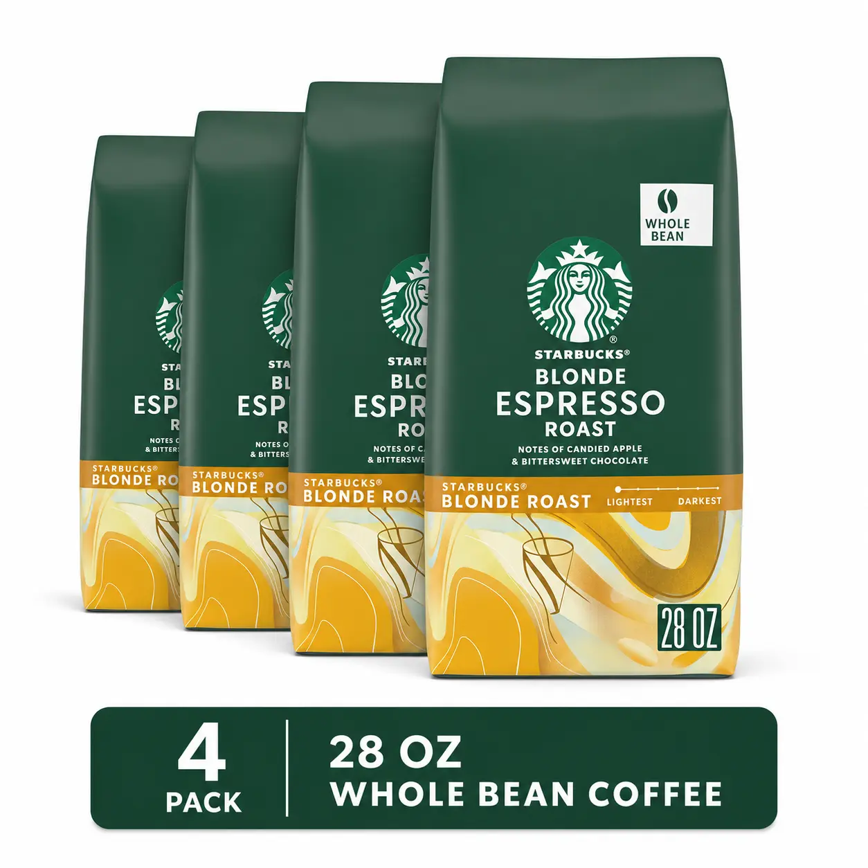 Starbucks Blonde Espresso Roast Whole Bean Coffee 28 oz (4 Pack)