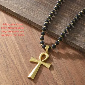 Adjustable Black Onyx Cross Necklace, 60–70cm (23.6"–27.6") Chain, 8mm Natural Stone Beads, 6.5×3.6cm (2.56"×1.42") Cross Pendant, Natural Spiritual Healing Stone Jewelry, Unisex Design, Elegant Everyday Wear & Gift