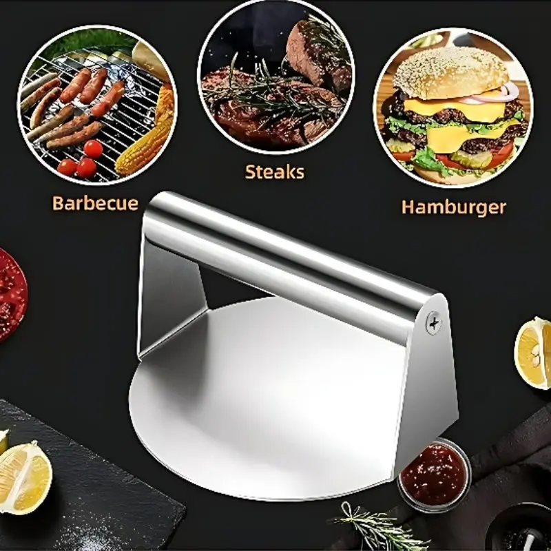 1 stainless steel meat patty press, suitable for making hamburgers, meat patties, pancakes and various barbecues. It is applicable to barbecue, restaurants, home cooking and other occasions. Bbq, Kitchenware