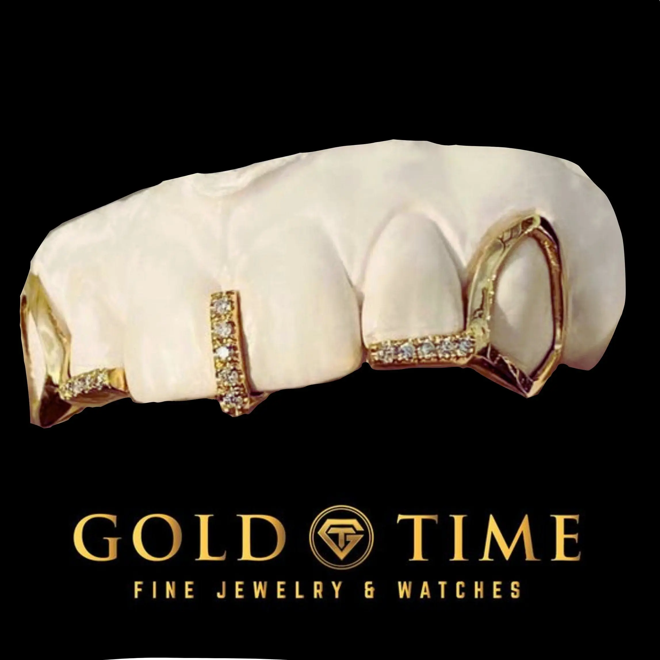 Custom Hip Hop Grillz - Open Face Canine Fangs & Moissanite Incisor Tips and Gap Bar- 10k, 14k, Silver - Yellow, White, Rose