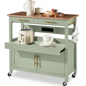 Best Choice Products 36in Large Rolling Kitchen Island Cart, 2-Door Cabinet, Outlet, Hooks, & Wheels