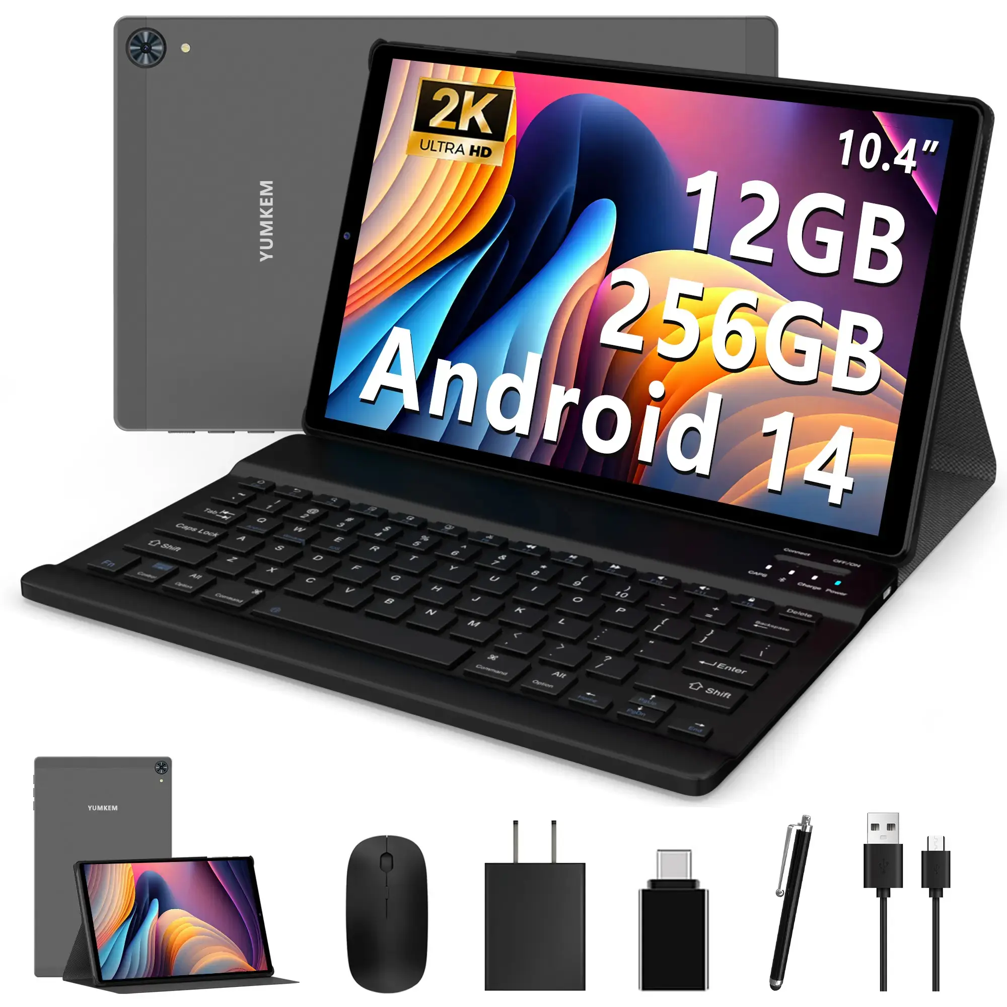 10.4-Inch Android 14 Tablet with Keyboard Support, 6GB Native RAM 256GB ROM, Octa-Core PC, 2000×1200 IPS HD Display, 1TB Expandable, 8000mAh Battery, 8MP Front/13MP Rear Camera, Bluetooth, Dual-Band Wi-Fi, Type C, Protective Case, Stylus, Mouse for Work,