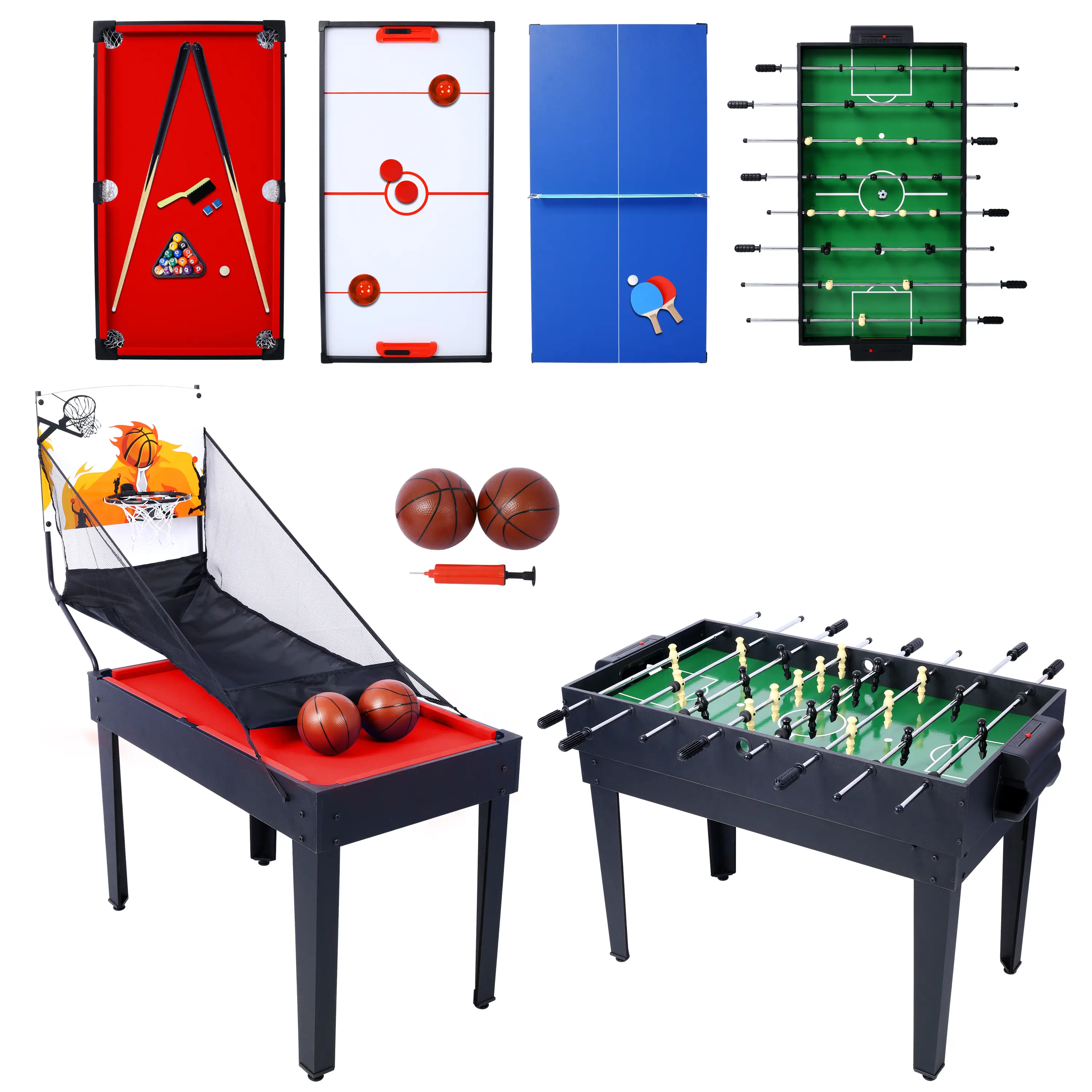 Dreamzon 5-in-1 Multi-Sports Game Table (Unisex) - Billiards, Push Hockey, Foosball, Table Tennis, Basketball, Compact Design, MDF Steel & Plastic Build, Detachable Net, Adjustable Legs, 1090x615x810mm (Black/Red), Football Compatible, Yes