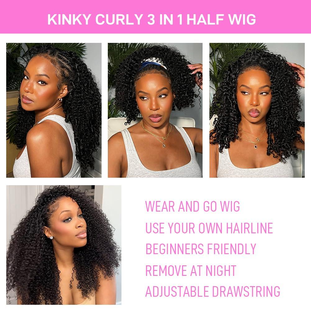 [3 IN 1 HALF] GOULUS Kinky Curly Half Wig Human Hair 200% Density 3 IN 1 Glueless Ready To Go Half Wig Human Hair With Drawstring Seamless Clip Ins Flip Over No Glue No Lace For Women Beginner Friendly