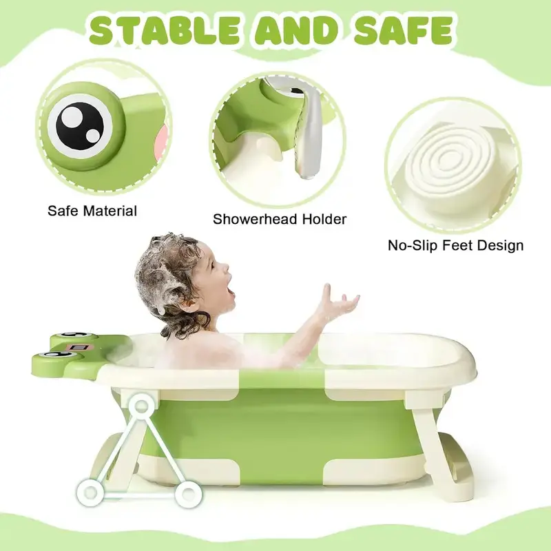 Eco-Friendly PP Foldable Baby Bath Tub for 0-36 Months Newborns - Temperature Safe, Includes Bath Cushion, Thermometer, Shower Cap, Shower Brush