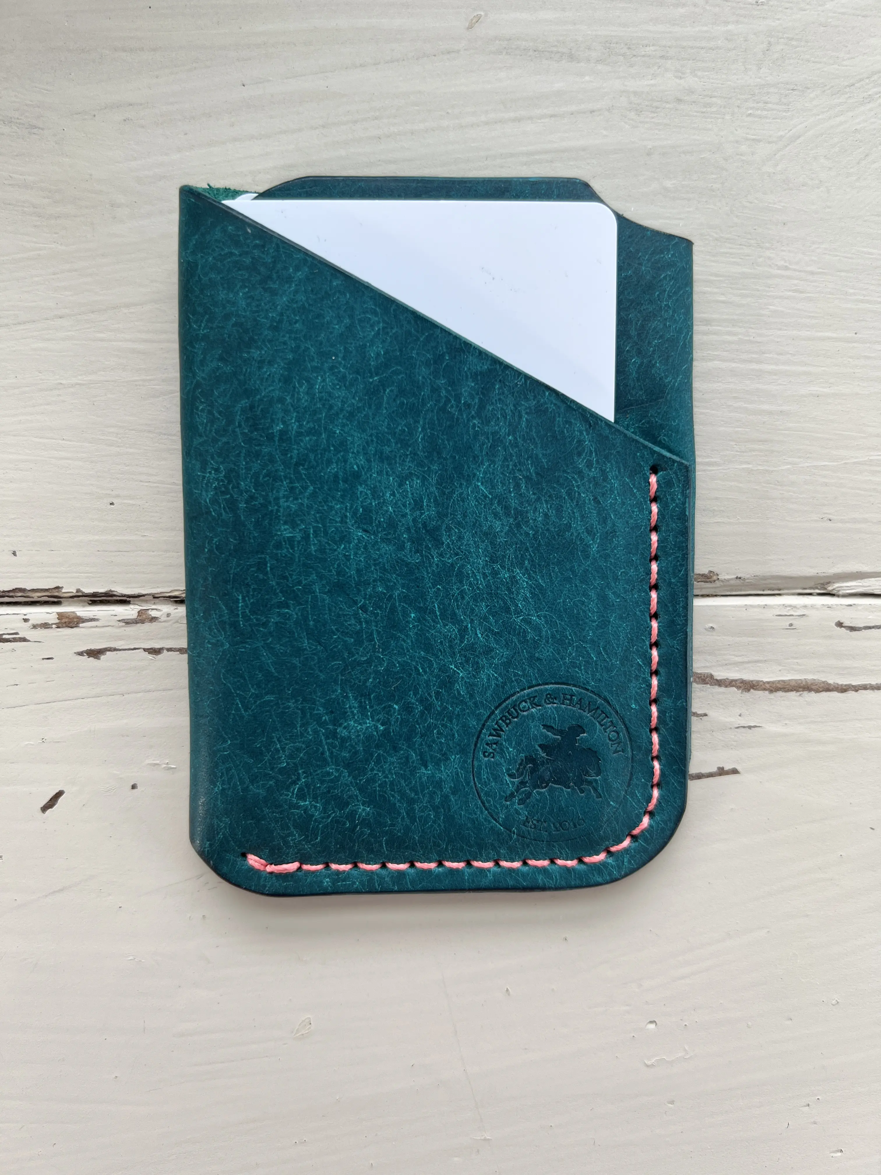 The Apex - Turquoise Leather w/ Coral Hand Stitching - Minimalist Design Full Grain Leather Wallet - Perfect for Everyday Use