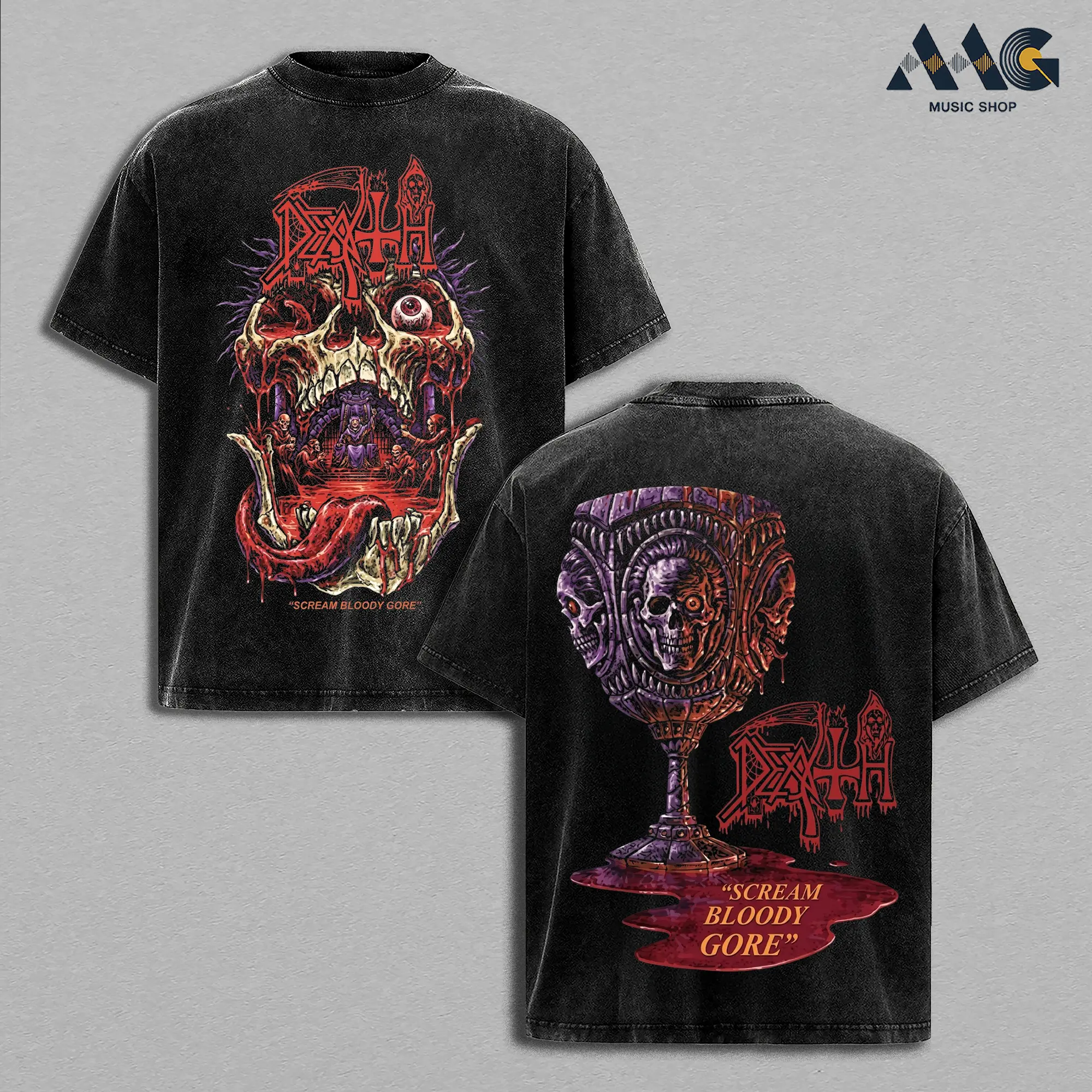 Death Scream Bloody Gore Skull Chalice Streetwear Heavy Cotton Top, Death Metal Band Concert Merch, Oversized Graphic Tee Men, Y2k Casual Fashion Apparel, Vintage Washed Heavyweight Short Sleeve Top, Graphic Tee Unisex Heavyweight