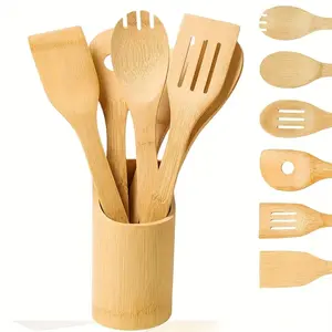 7pcs Kitchen Utensil Set, Bamboo Wood Spoons And Shovels, Minimalist Modern Kitchen Tools, Essential for Apartments/Camping/Travel/Rv