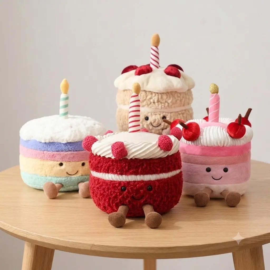 Jellycat Birthday Cake Plushie, Soft Stuffed Animal Toy with Candle, Kawaii Plush Doll, Aesthetic Room Decor, Cute Gift for Kids, Keychains