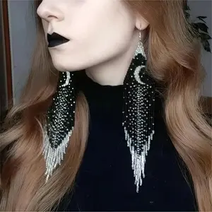 AHAYA Bohemian style handmade bead long tassel earrings Gothic style starry sky moon creative design Miyki seed bead earrings for daily wear and fashionable women's jewelry gifts