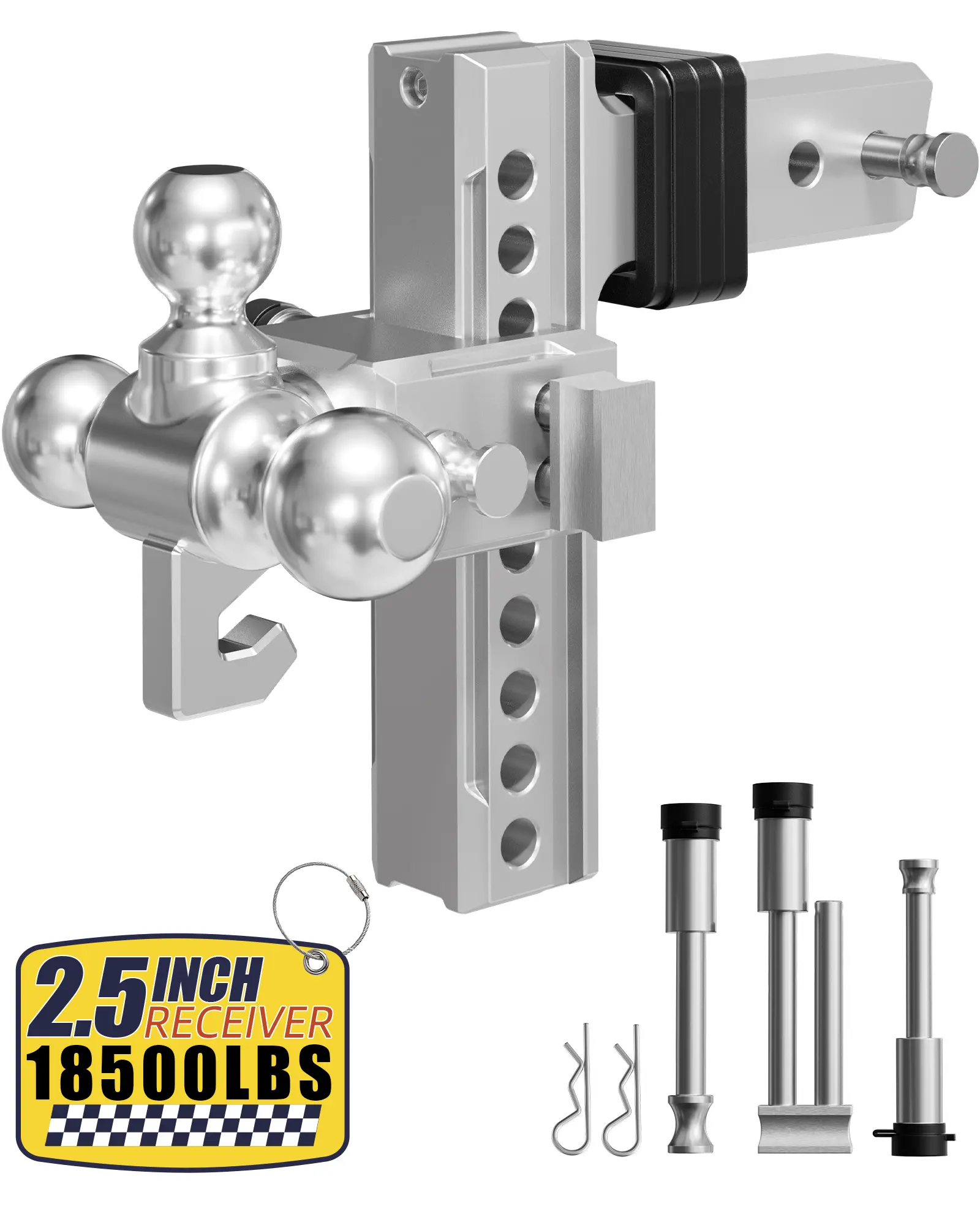 Adjustable Trailer Hitch - Fits 2.5" Receiver, Tri-Ball Mount & Hook (1-7/8", 2" & 2-5/16"), 8" Drop/Rise Tow Hitch, Aluminum Heavy Duty Truck Hitches for Trailer, 12,000 LBS GTW, Slivery