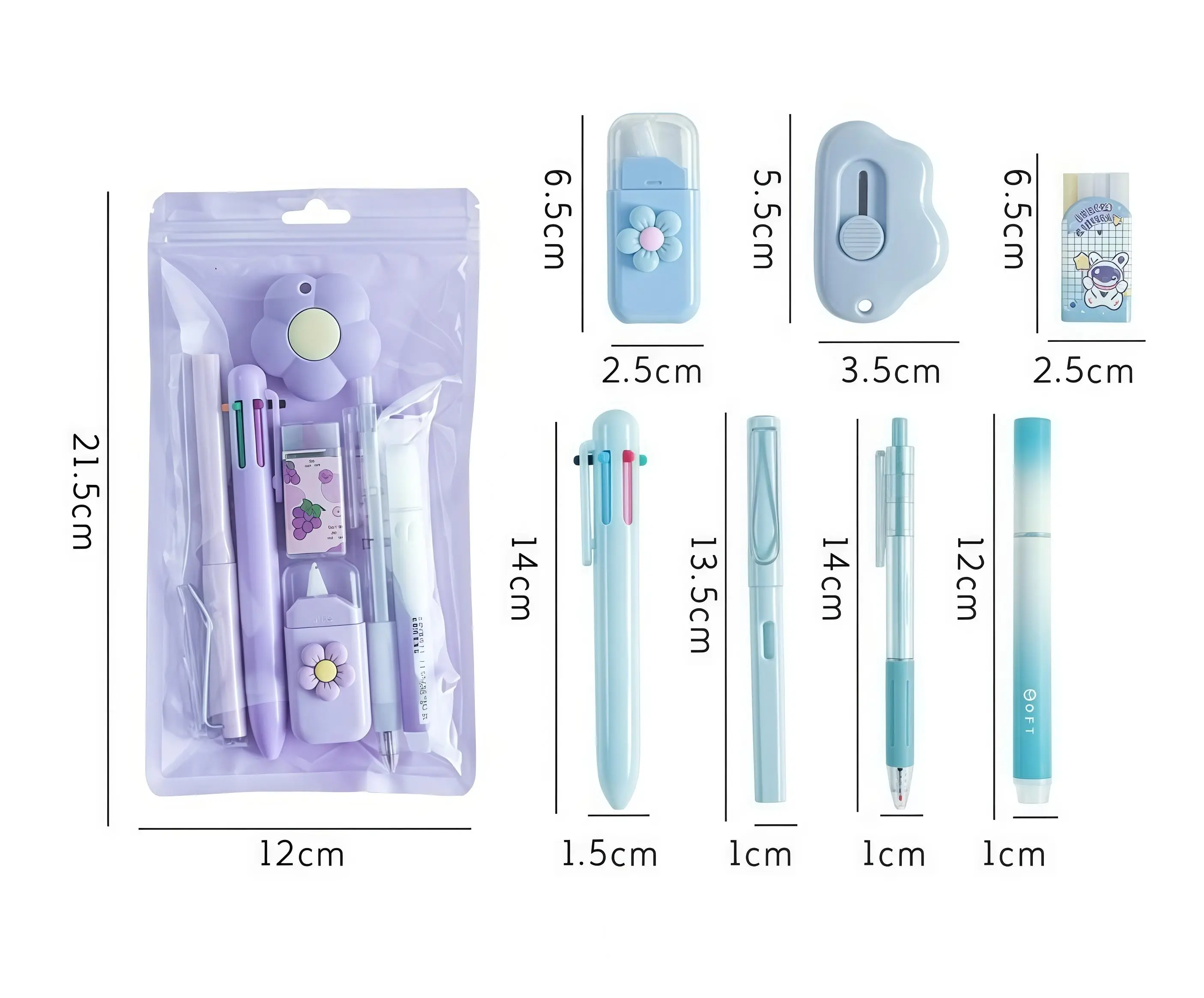 Kawaii Pastel Stationery Set for Students, 6-Piece School Supplies with Flower Cutter, Multicolor Pen, and Correction Tape, Eraser