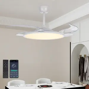 Retractable Ceiling Fans with Lights,42 inch Ceiling Fan with Light and Remote Control,Flush Mount,DC Reversible,3CCT,Low Noise,White Ceiling Fan for Bedroom,Living Room,Kitchen,Indoor