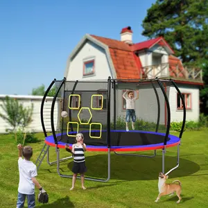 Mersco 12ft Round Trampoline with Target Cloth for American Football UV Protection Waterproof Safety Net Rust-Proof Outdoor Backyard Playset with Ladder and Curved Pole Fence Indoor Outdoor Use Red Blue for Youngsters and Adults