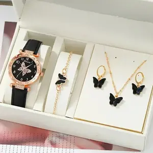 Female Luxury Rhinestone Butterfly Watch Set, Fashion Costume Jewelry Accessory Set
