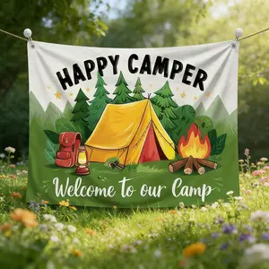 Happy Camper" Themed Party Backdrop - Polyester, Multicolor Forest Campfire and Tent Design with "Welcome to Our Camp" Banner - Ideal for Indoor/Outdoor Family Gatherings, Camping Birthday Decorations, Camping Decorations