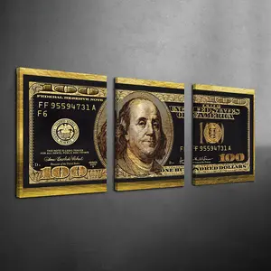 3Counts/Set Framed Gold and Black Dollar Bill Canvas Poster, Art Print, Money Wall Art, Ready To Hang, 100 Dollar Bill Art, Benjamin Franklin Dollar Wall Decor, Wall Painting, Wall Picture for Home & Office, Decoration Items