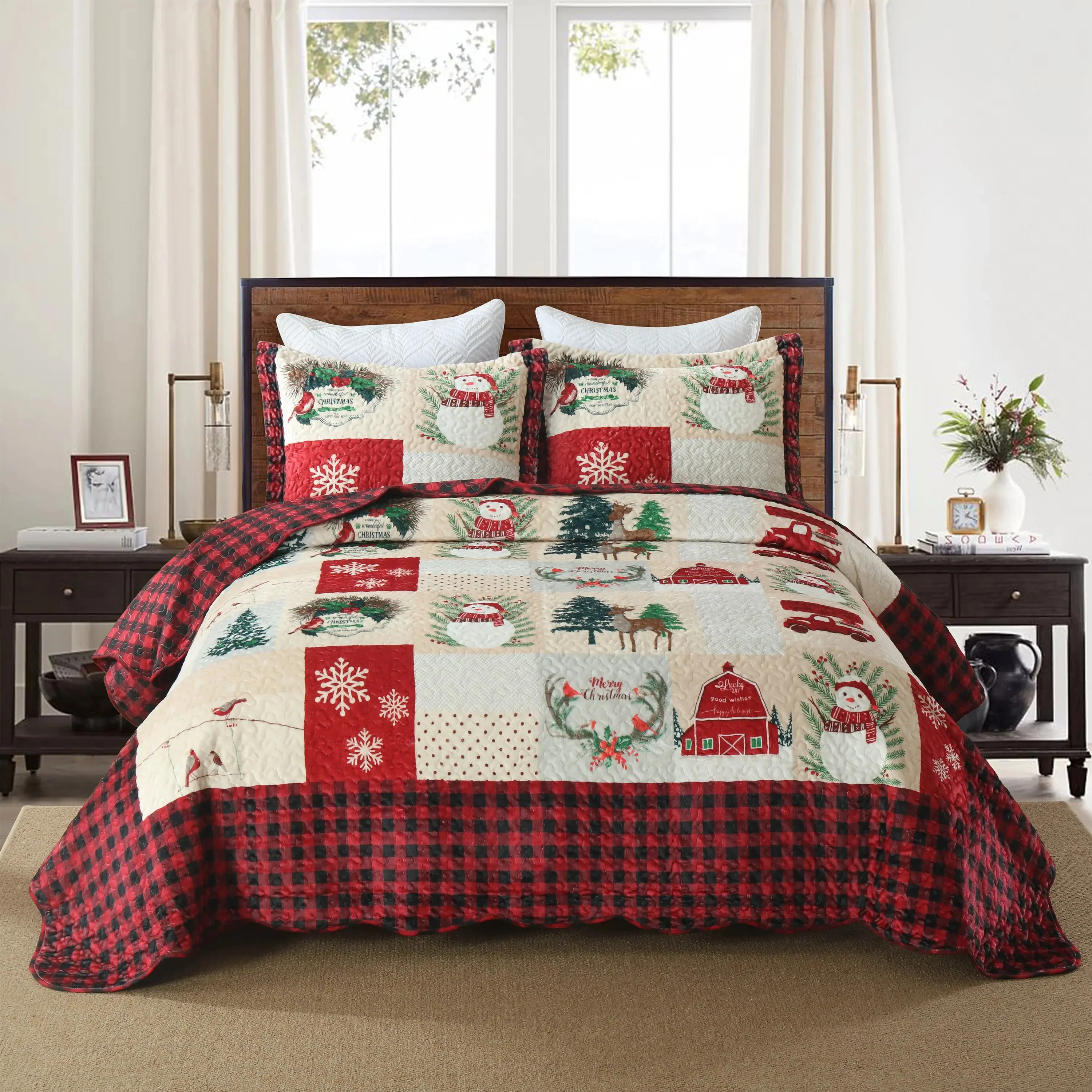 3-Piece Velvet Fabric Print Christmas Snowman Quilt Bedspread Set - Wrinkle-Resistant, Breathable, Fade-Resistant All-Season Soft Coverlet with 2 Matching Shams, Machine-Washable, Plaid Design, Ideal King/Queen Holiday Gift