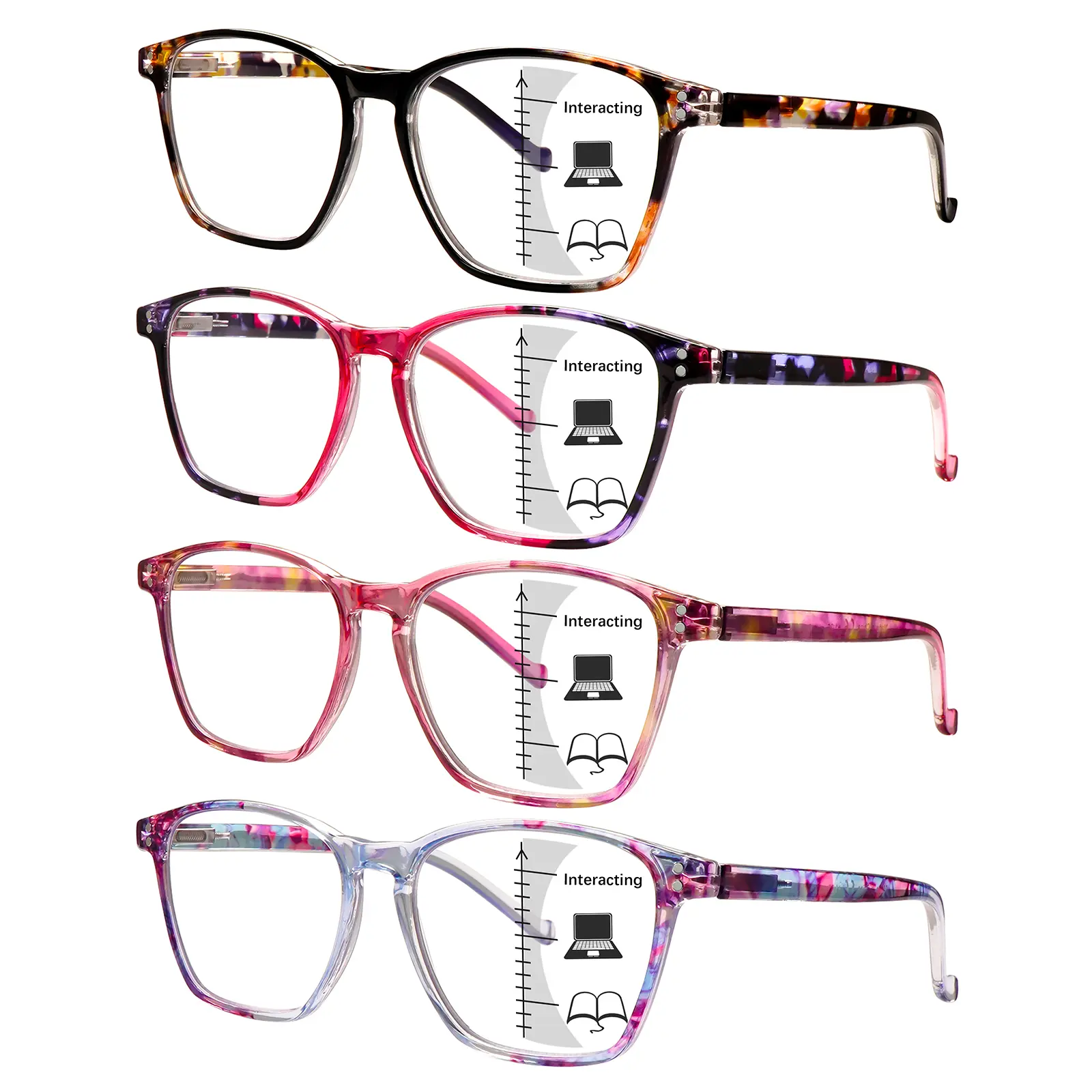 Progressive Multifocal Reading Glasses for Men and Women, Rectangular Polycarbonate Frame with Blue Light Blocking & Spring Hinges, No-Line Lenses for Near, Mid & Far Vision, Multifocal Eyeglasses, No Subdivision Line, No Annular Blind Area, High Quality,