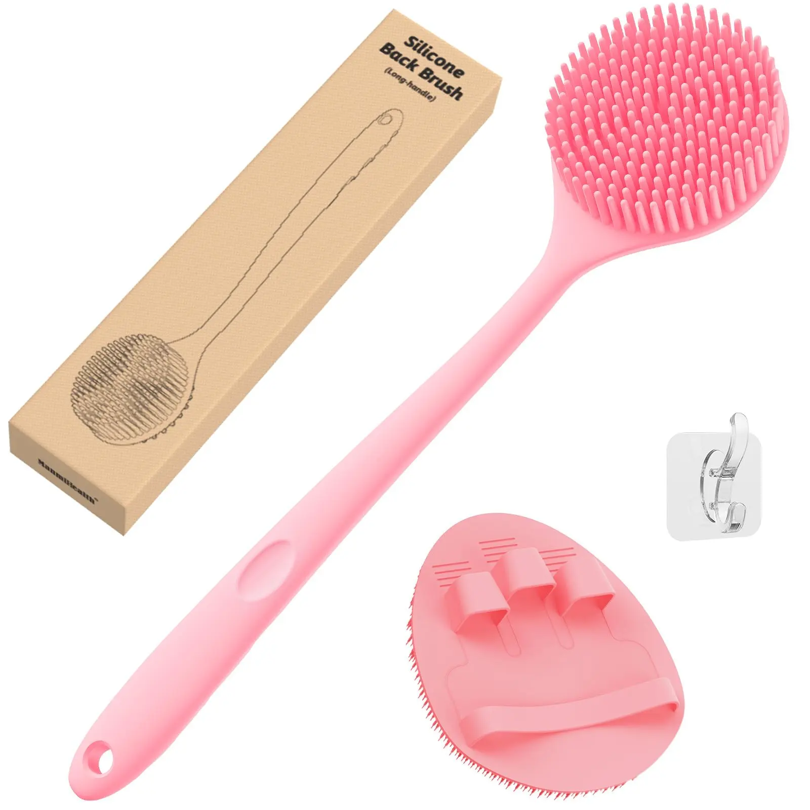 Silicone Back Scrubber(Thick Bristles) & Soft Bath Glove Set, Super-Exfoliating Body Scrubber & Super-Lathering Shower Brush Combination, with a Free Hook.(Pink)ZAZK111