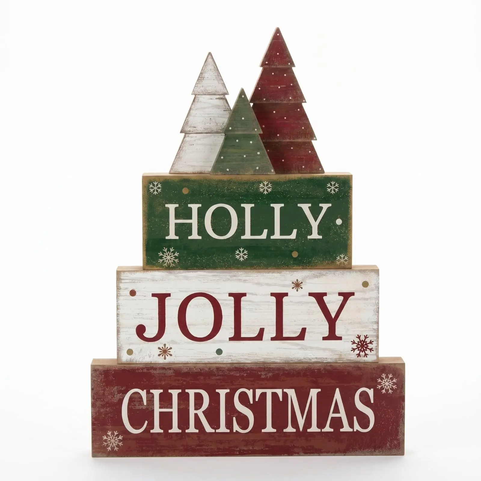 Set of 4 Christmas dining table decorations – rustic wooden stackable ornaments for a Christmas tree, evergreen tree sign, gifts, and layered trays in red, green, and white for winter décor; farmhouse home Christmas party kitchen