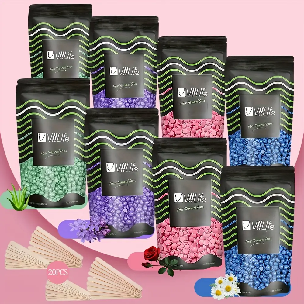 VIIIlife Brazilian Wax Beans Hair Removal Kit - Smooth, Easy-to-Use, Versatile for Face, Bikini, Legs with 8 Packs of 40 Wooden Sticks for Women