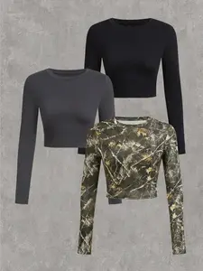 Women's Solid Round Neck Crop Tee, Casual Long Sleeve Crew Neck T-shirt for Daily Wear, Ladies Clothes for All Seasons, Top