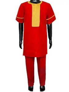 Red African Embroidered Dashiki Shirt Pants with Gold Embroidery