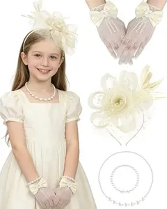 Girls Tea Party Fascinators Hats Lace Gloves Pearl Necklace Set for Wedding 1920s Tea Party Accessories