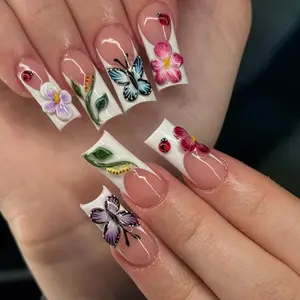 24pcs 3D Butterfly & Ladybug French Tip Nails, Trendy Tiktok Nail Art Design, Perfect for Stylish Manicures, Easy Application, Flower Nails, Summer Nails