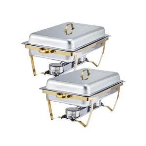 Gold Chafing Dishes For Buffet Set Of 2, 8QT Rectangular Buffet Servers And Warmers Sets W/Lid Holder, Stainless Steel Chafer Catering Supplies Buffet Display For Parties