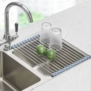 Roll-Up Over-the-Sink Dish Drying Rack – Foldable Stainless Steel Kitchen Counter Drainer, Sink Mat & Dish Organizer, 17.5"x11.8"