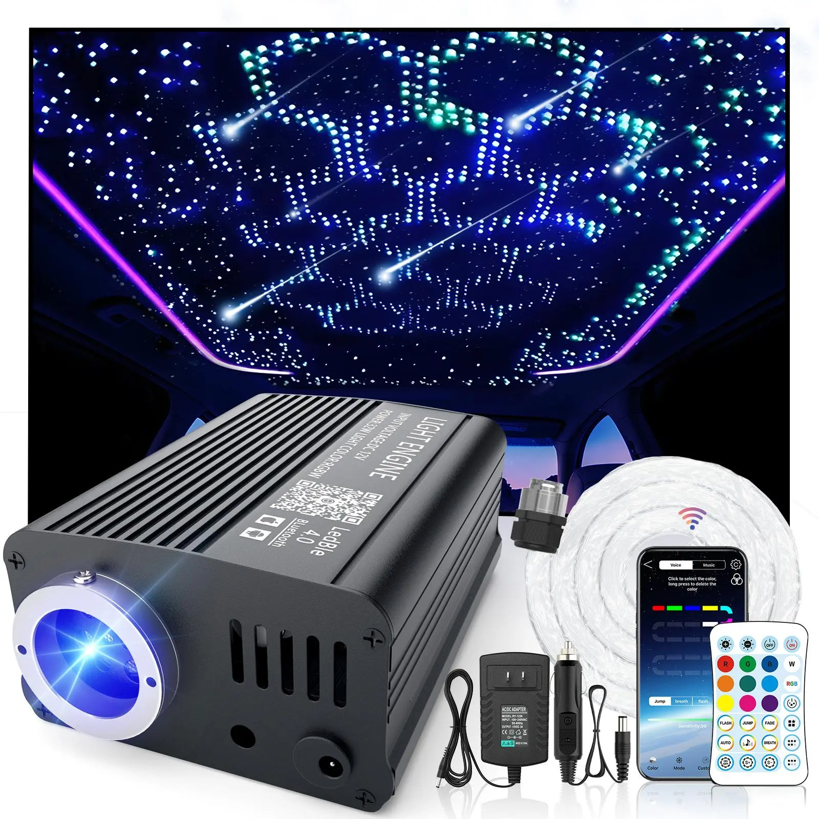 VASTFIRE Starlight Headliner Kit, 750pcs 0.75mm 3m RGBW LED Fiber Optic Cable Lights with Fiberglass, 24-Key Remote & Bluetooth APP Control, Music Sync, 12V 16W Ambient Celestial Theme Novelty Lighting for Cars, Rooms