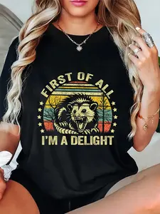 Women's Cotton Graphic T-Shirt with 'I'm a Delight' Sarcastic Opossum Print - Casual Everyday Streetwear Tee with Round Neck
