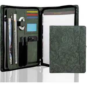 Leather Portfolio with Zipper,Embossed PU Leather Padfolio Folio,Professional Business Document Organizer with A4 Letter Sized,Writing Pad Holder,Gifts for Women/Men (Dark Green, Standard)