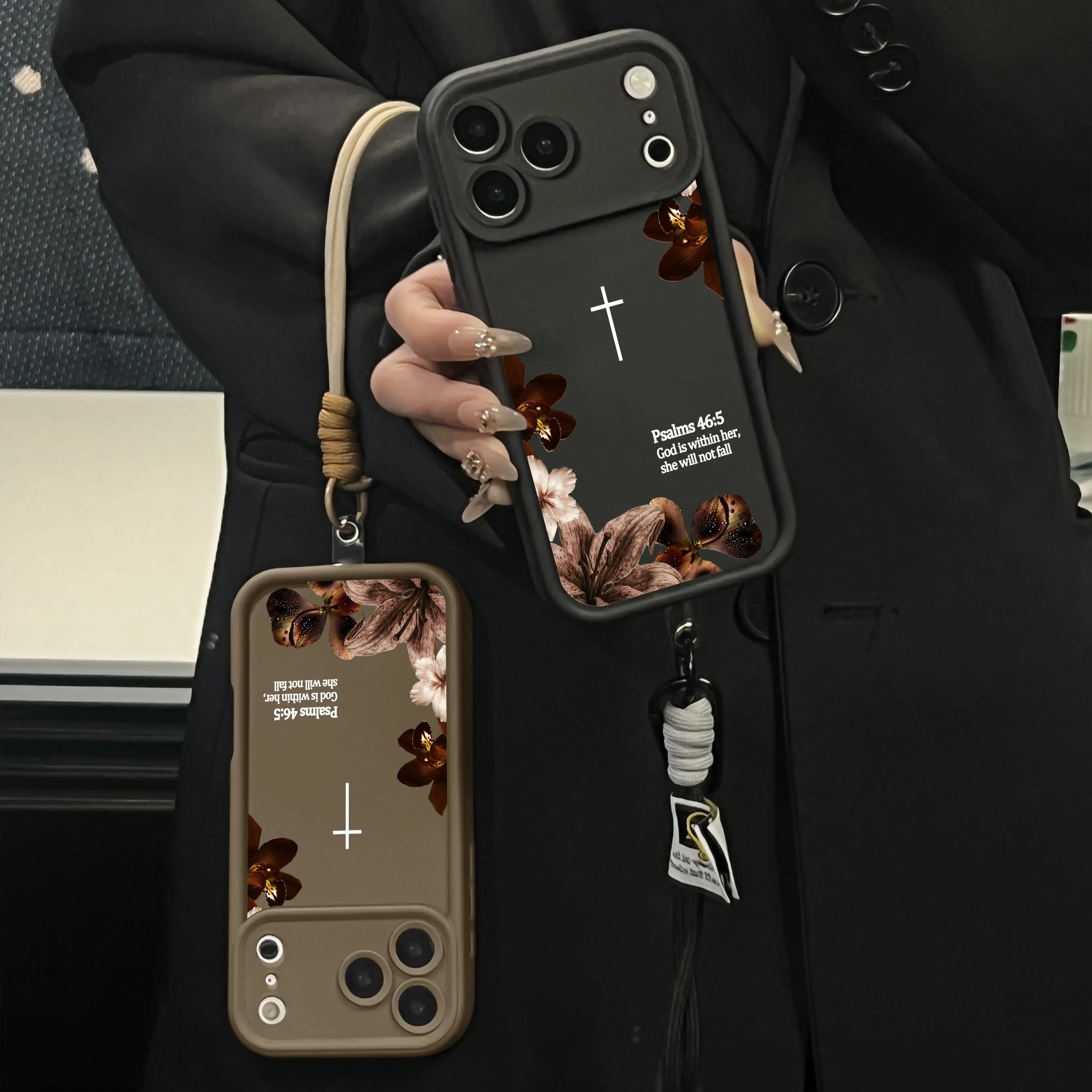 Vintage Floral Aesthetics Lanyard Phone Case Christian Psalms 46:5 Cross Compatible With iPhone 17 Samsung Galaxy S26 16 15Plus 14 13 12 11 XR XS Galaxy S25 S24 S23 S22 A71 A56 A55 A54 A53 A52 Matte Finish Anti Drop Bumper Religious Birthday Gift For Her,