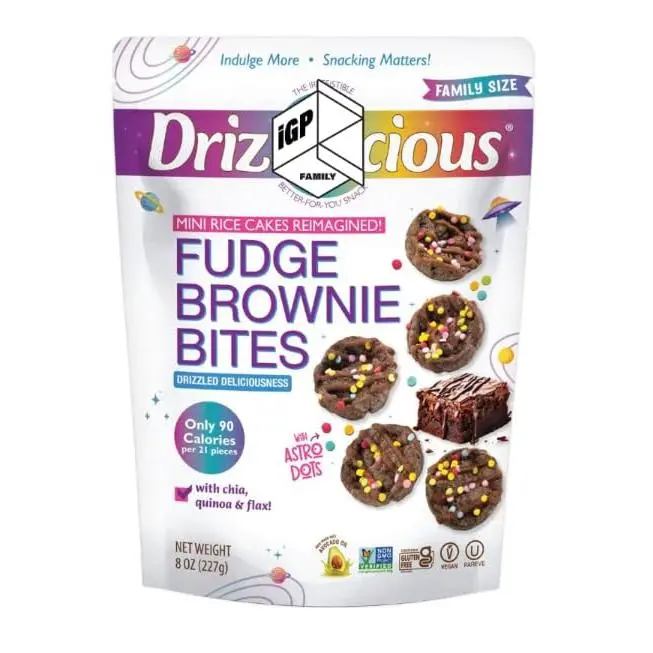 Drizzilicius Fudge Brownie Mini Rice Cakes Bites 8 oz with IGP Family Sticker Rice Crisps, Healthy Snack for Adults and Kids, Flavored Rice Cakes, Vegan, Gluten Free, Guilt Free Christmas SnacksFamily Pack (Fudge Brownie)