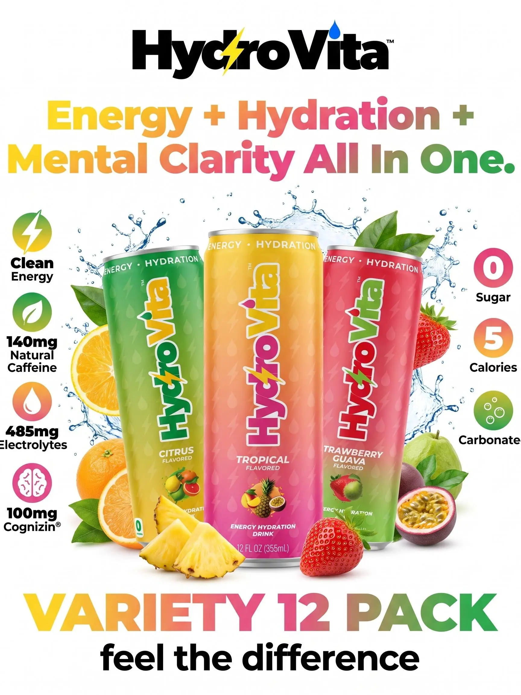 HydroVita Variety Pack–12 Cans. Zero Sugar Clean Energy Hydration Drink, Sport Drink, Energy Hydration & Mental Clarity in One, 140mg Natural Caffeine from Green Tea, 485mg Electrolytes, 100mg Cognizin, Carbonated Functional Beverage, No Crash