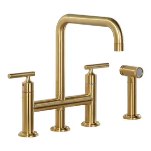 WOWOW Double Handle Brass Bridge Kitchen Faucet, Deck Mount Kitchen Sink Faucet with Side Sprayer in Brushed Gold