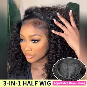 Half Wig Human Hair Kinky Curly Glueless Wig Human Hair Ready to Wear 3 IN 1 Half Wig With Drawstring 250 Density Curly Half Wig