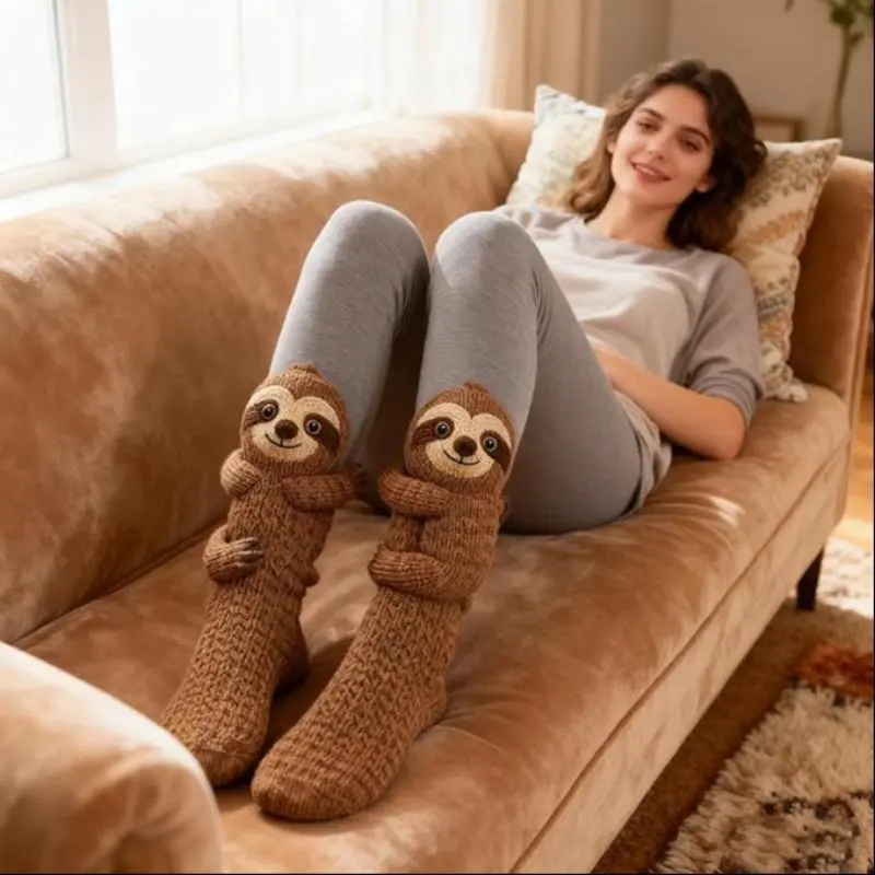 Women's Cute Crochet-Look Polyester Plush Socks - Animal Motif, Sloth Patterns, Comfortable Snug Fit - Ideal Christmas Holiday Gift (Womenswear Underwear & Tights Category)