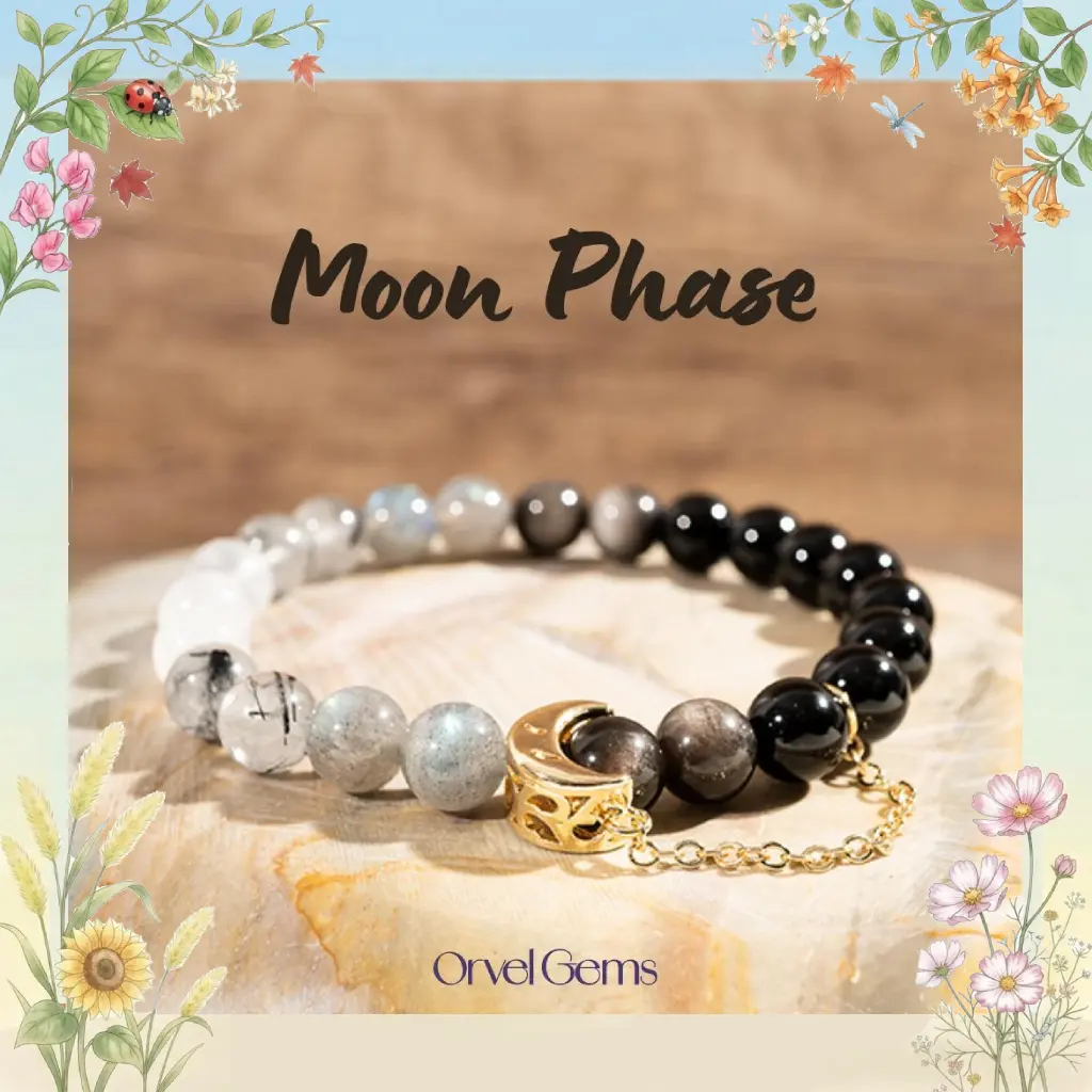 MOON PHASE Bracelet – Natural Gemstones Moonstone, Labradorite, Black Tourmaline, Silver Sheen Obsidian, Tourmalinated Quartz – Crescent Moon Celestial Jewelry for Protection & Full Moon Vibes